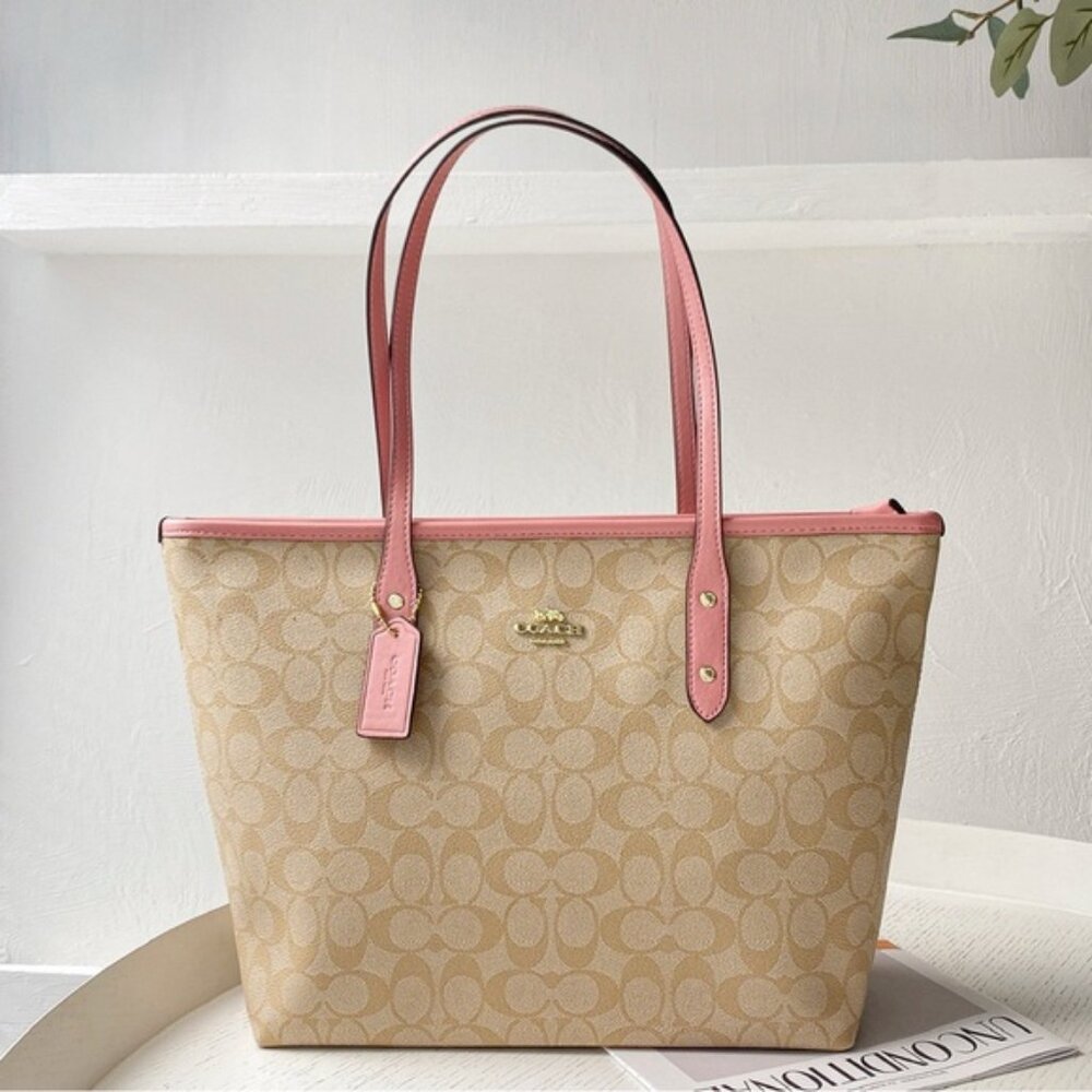 Coach Tan and Pink Monogram Tote